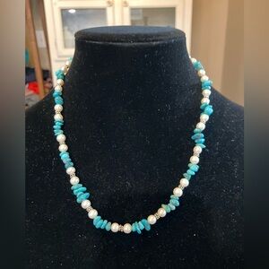 .925 Sterling Silver Turquoise and Genuine Pearl Necklace Western Native Cowgirl